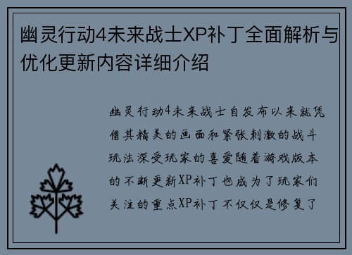 幽灵行动4未来战士XP补丁全面解析与优化更新内容详细介绍